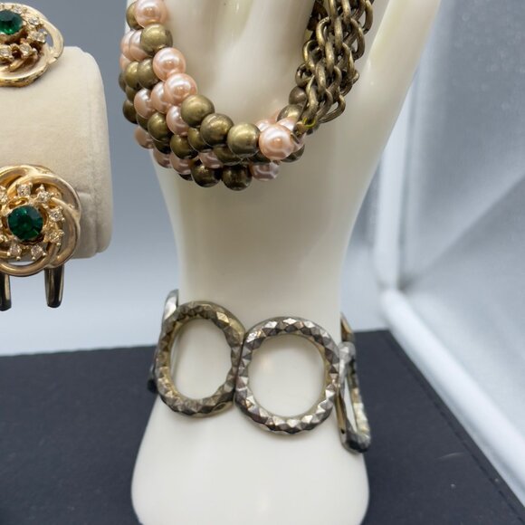 Vtg Chunky Bracelet Bangle Clamper Lot Gold Tone Silver Tone Beaded Chain Link - Picture 6 of 16